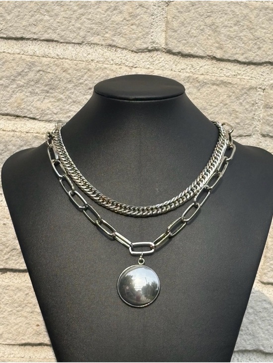 Jewelry - Silver Layered Chain Necklace with Round Pendant